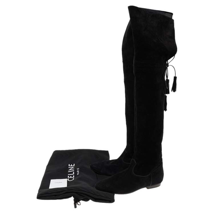 Pre Owned Celine Black Suede Fringe Thigh High Boots Size 39