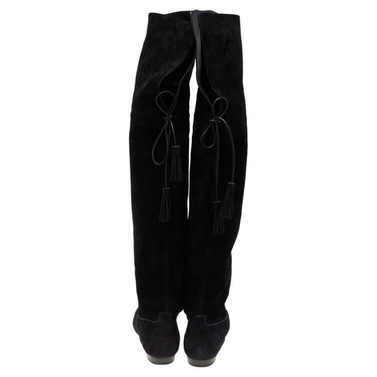 Pre Owned Celine Black Suede Fringe Thigh High Boots Size 39