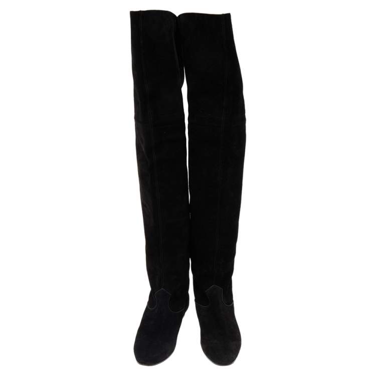 Pre Owned Celine Black Suede Fringe Thigh High Boots Size 39