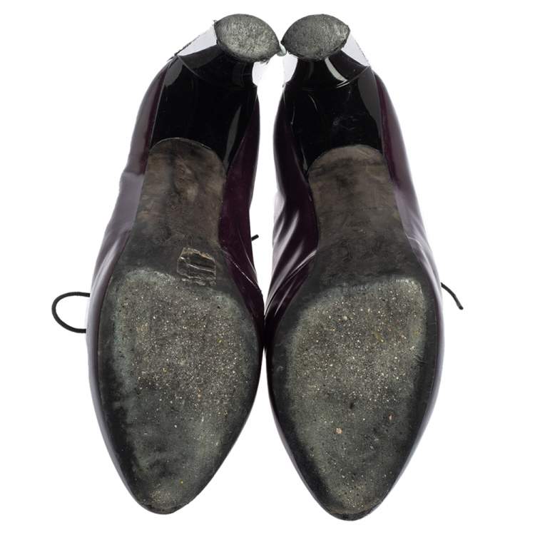Pre Owned Celine Purple Glossy Leather Lace Up Ankle Boots Size 38.5