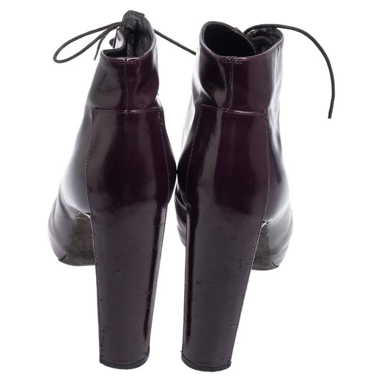 Pre Owned Celine Purple Glossy Leather Lace Up Ankle Boots Size 38.5