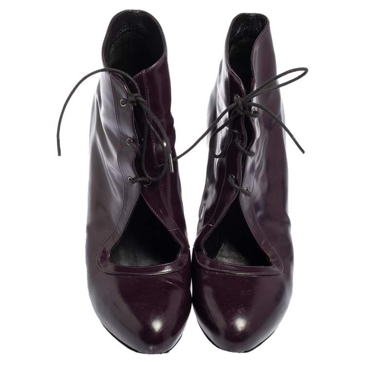 Pre Owned Celine Purple Glossy Leather Lace Up Ankle Boots Size 38.5