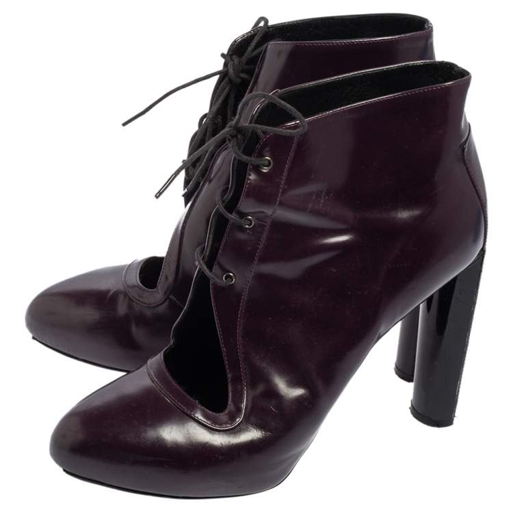 Pre Owned Celine Purple Glossy Leather Lace Up Ankle Boots Size 38.5