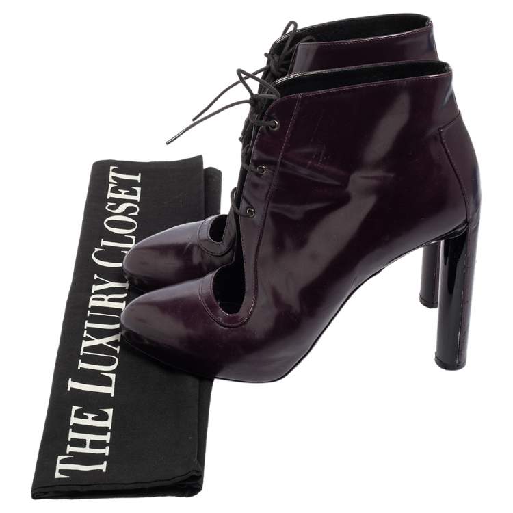 Pre Owned Celine Purple Glossy Leather Lace Up Ankle Boots Size 38.5