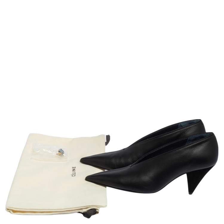 Pre Owned Celine Black Leather And Suede V Cut Pointed Toe Pumps Size 38.5