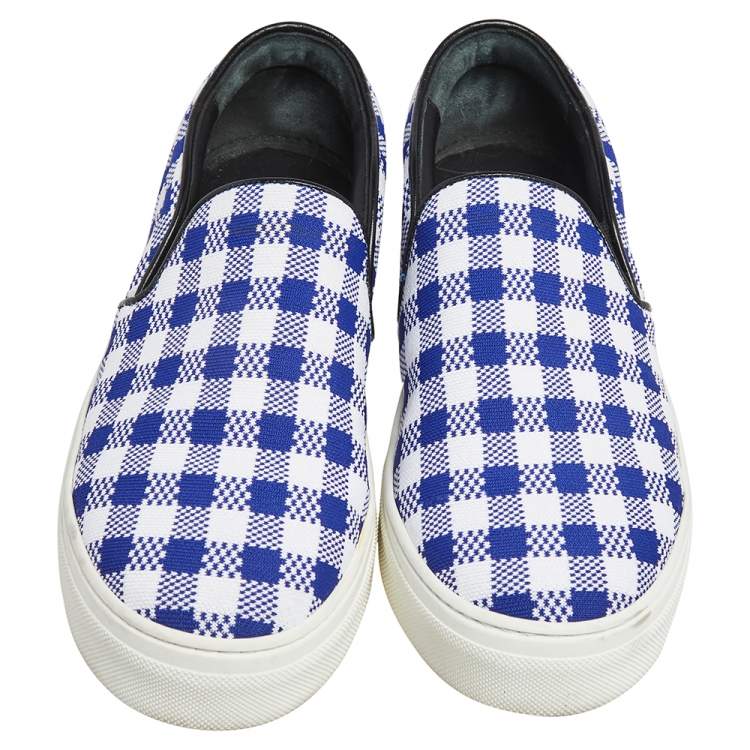 Pre Owned Céline White/Blue Check Canvas Slip On Sneakers Size 38