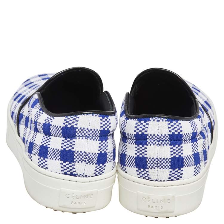 Pre Owned Céline White/Blue Check Canvas Slip On Sneakers Size 38
