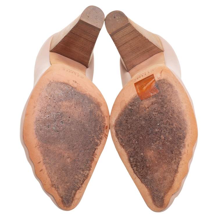 Pre Owned Celine Beige Leather Pedicure Block Heel Pumps Size 39