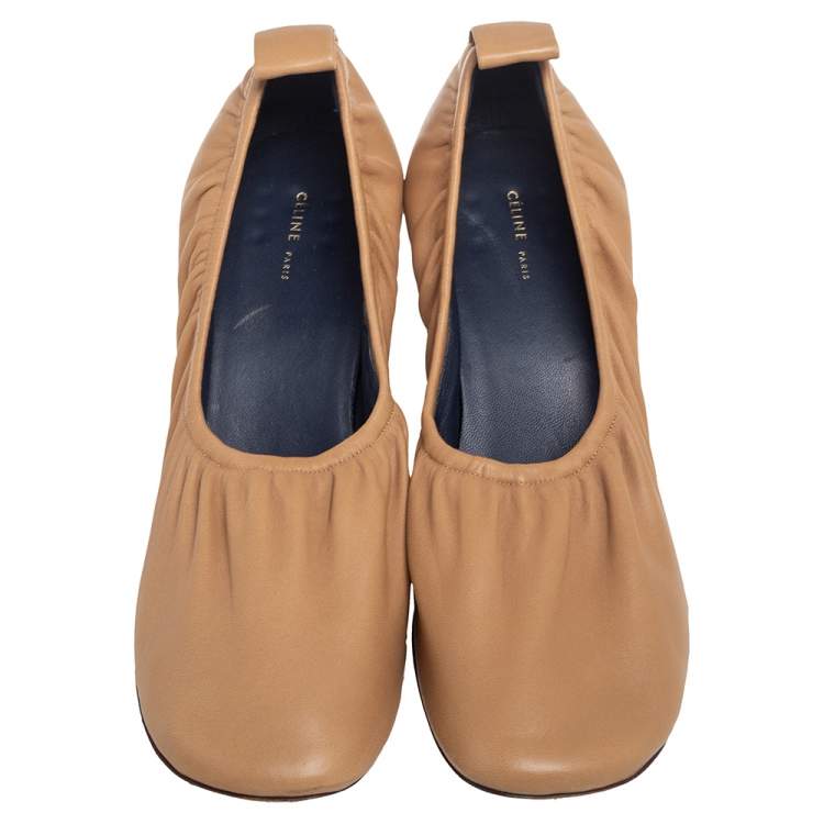 Pre Owned Celine Beige Leather Scrunch Ballerina Block Heel Pumps Size 39