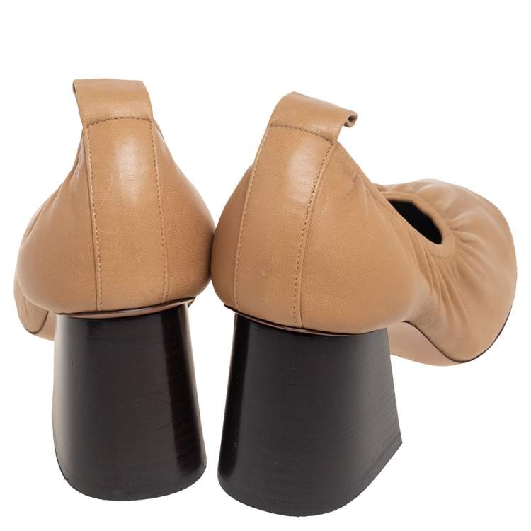 Pre Owned Celine Beige Leather Scrunch Ballerina Block Heel Pumps Size 39
