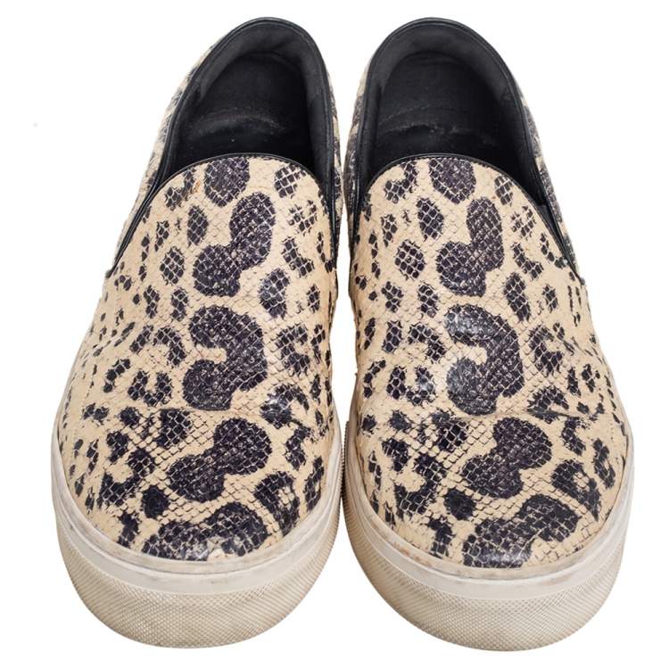 Pre Owned Celine Beige/Black Python Embossed Leather Slip On Sneakers Size 40