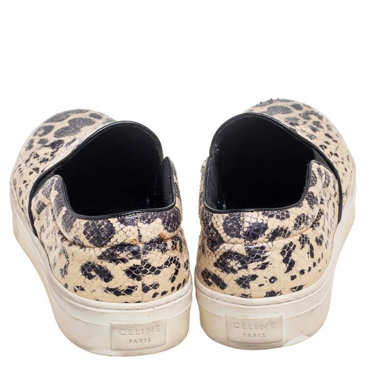 Pre Owned Celine Beige/Black Python Embossed Leather Slip On Sneakers Size 40