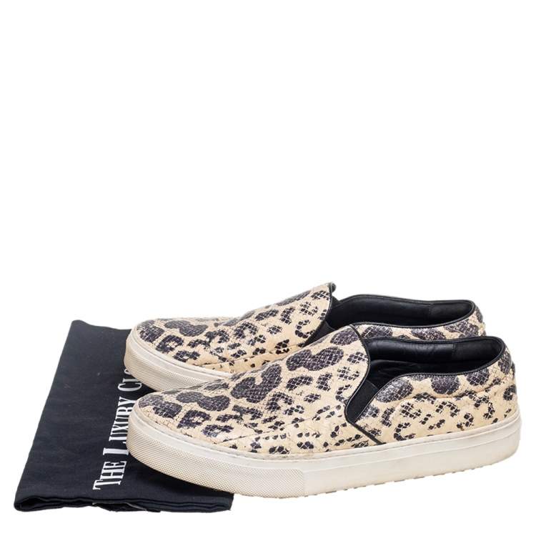 Pre Owned Celine Beige/Black Python Embossed Leather Slip On Sneakers Size 40