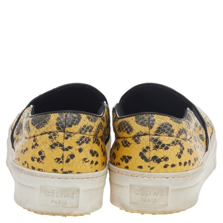 Pre Owned Celine Yellow/Black Snakeskin Leather Slip On Sneakers Size 37