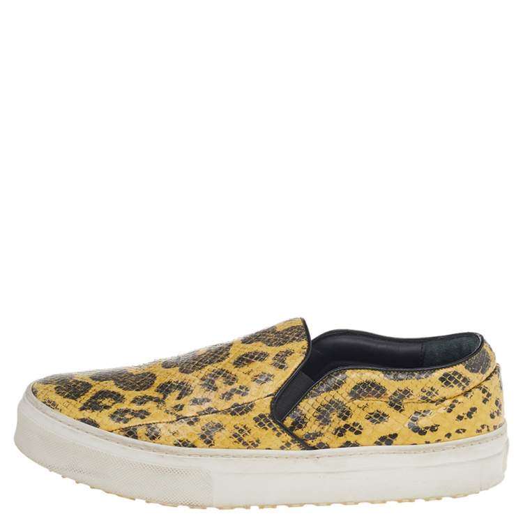 Pre Owned Celine Yellow/Black Snakeskin Leather Slip On Sneakers Size 37