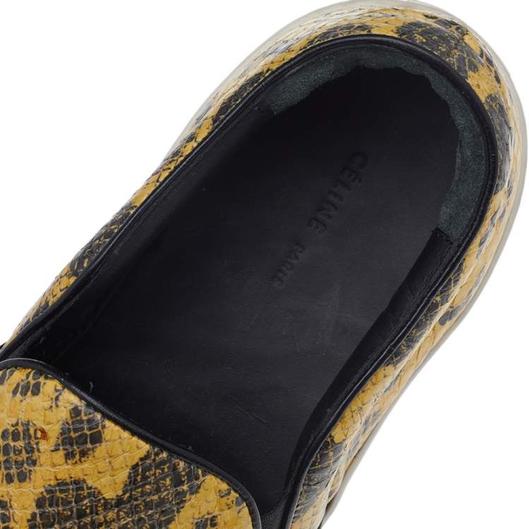 Pre Owned Celine Yellow/Black Snakeskin Leather Slip On Sneakers Size 37