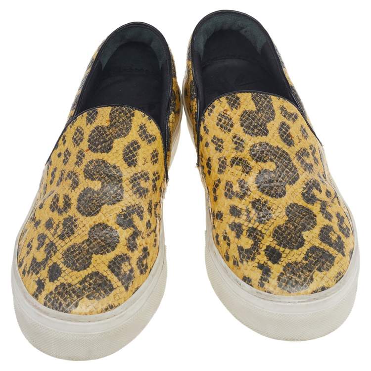 Pre Owned Celine Yellow/Black Snakeskin Leather Slip On Sneakers Size 37