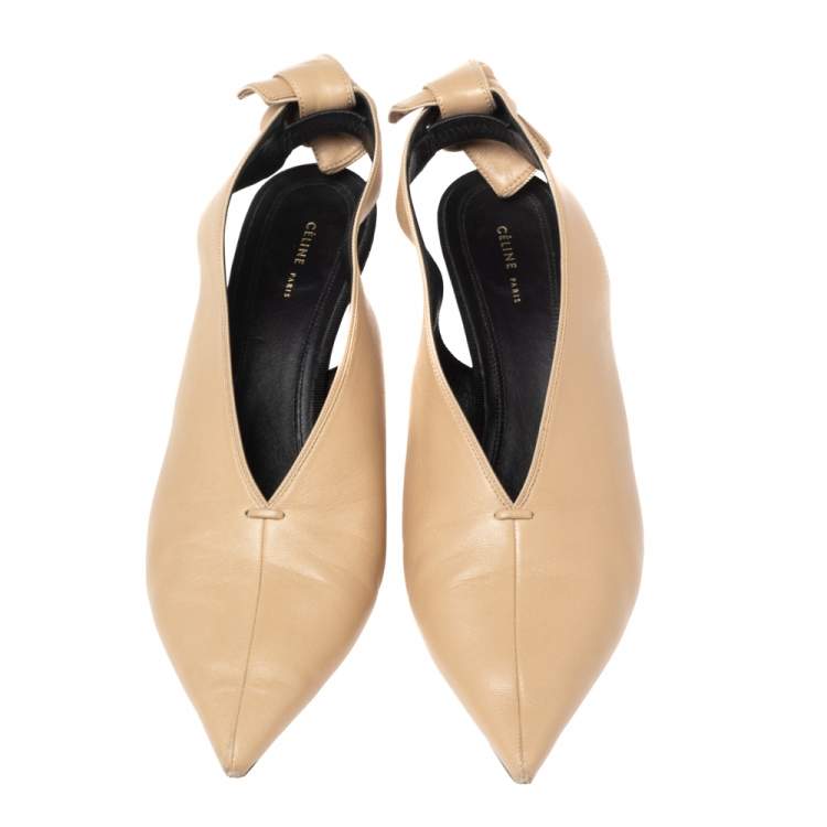 Pre Owned Celine Beige Leather V Neck Pointed Toe Slingback Pumps Size 37.5