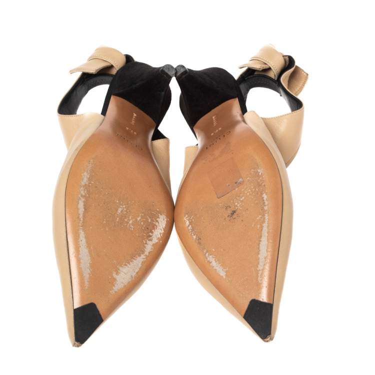 Pre Owned Celine Beige Leather V Neck Pointed Toe Slingback Pumps Size 37.5