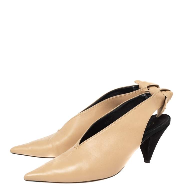 Pre Owned Celine Beige Leather V Neck Pointed Toe Slingback Pumps Size 37.5