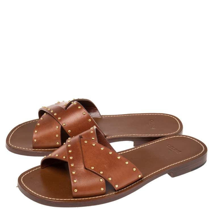 Pre Owned Celine Brown Leather Studded Crisscross Slide Sandals Size 37