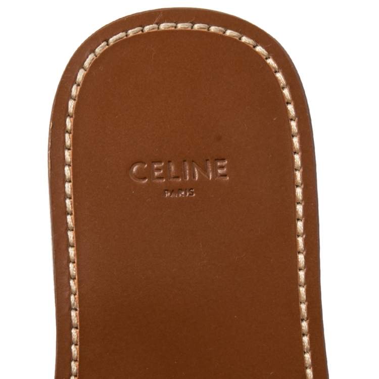 Pre Owned Celine Brown Leather Studded Crisscross Slide Sandals Size 37