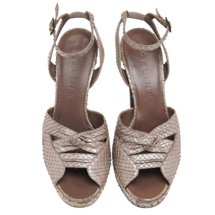 Pre Owned Celine Metallic Beige Python Platform Ankle Strap Sandals Size 37