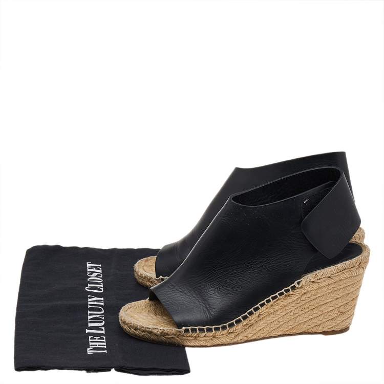 Pre Owned Celine Black Leather Open Toe Espadrilles Platform Wedge Sandals Size 38