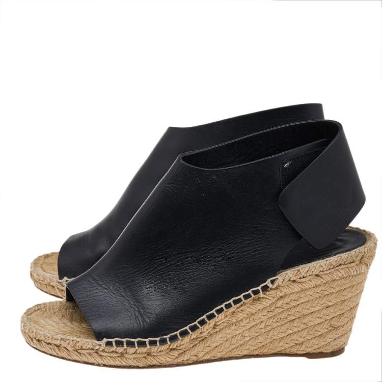 Pre Owned Celine Black Leather Open Toe Espadrilles Platform Wedge Sandals Size 38