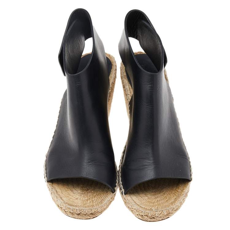 Pre Owned Celine Black Leather Open Toe Espadrilles Platform Wedge Sandals Size 38