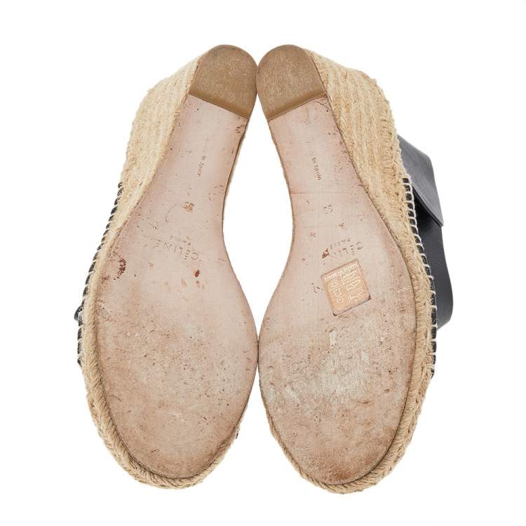 Pre Owned Celine Black Leather Open Toe Espadrilles Platform Wedge Sandals Size 38
