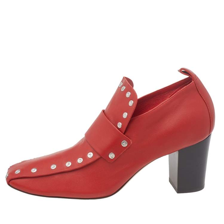 Pre Owned Celine Red Leather Studded Accents Square Toe Block Heel Pumps Size 38