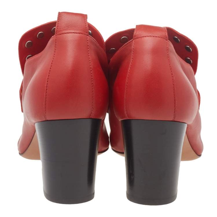 Pre Owned Celine Red Leather Studded Accents Square Toe Block Heel Pumps Size 38