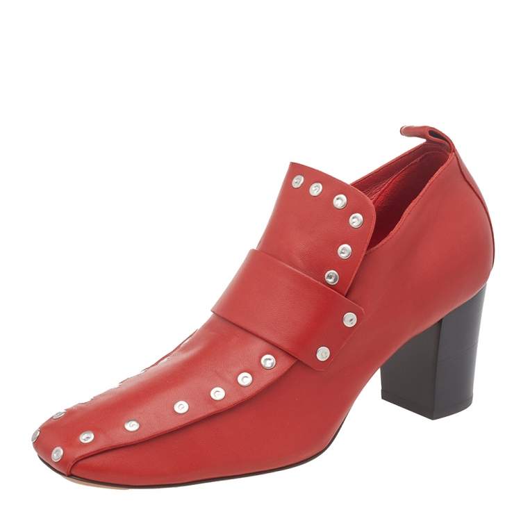 Pre Owned Celine Red Leather Studded Accents Square Toe Block Heel Pumps Size 38