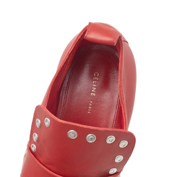 Pre Owned Celine Red Leather Studded Accents Square Toe Block Heel Pumps Size 38