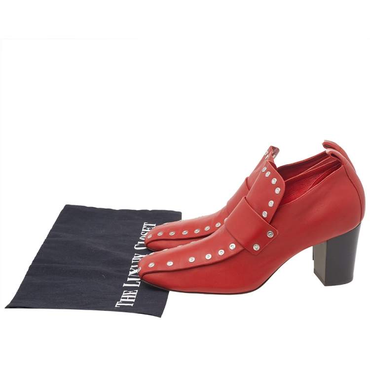 Pre Owned Celine Red Leather Studded Accents Square Toe Block Heel Pumps Size 38