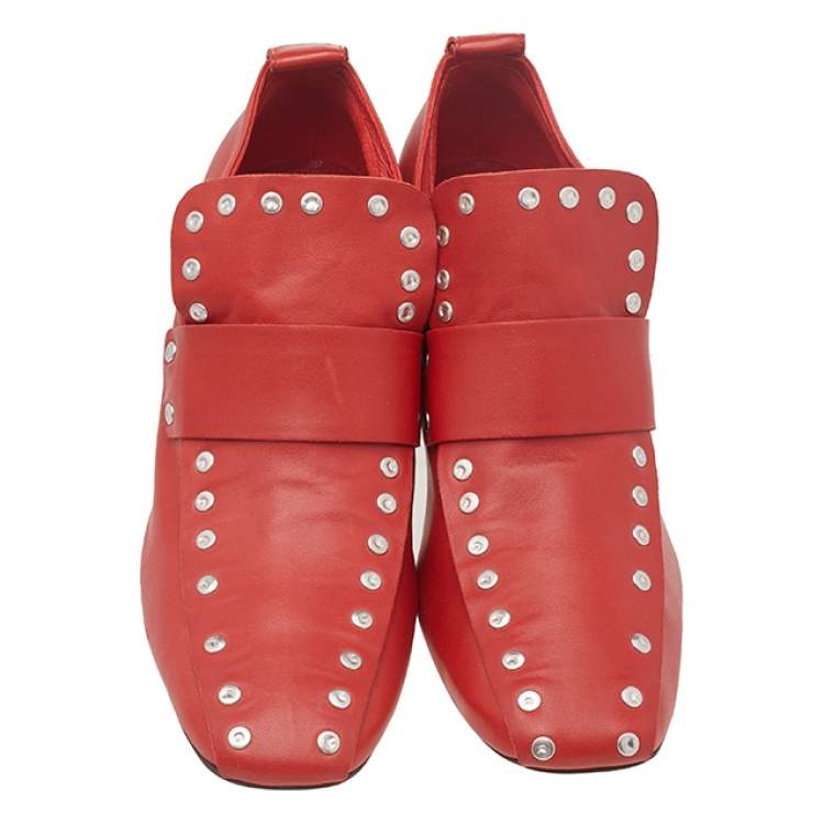 Pre Owned Celine Red Leather Studded Accents Square Toe Block Heel Pumps Size 38