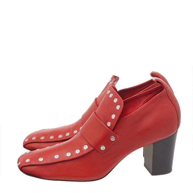 Pre Owned Celine Red Leather Studded Accents Square Toe Block Heel Pumps Size 38
