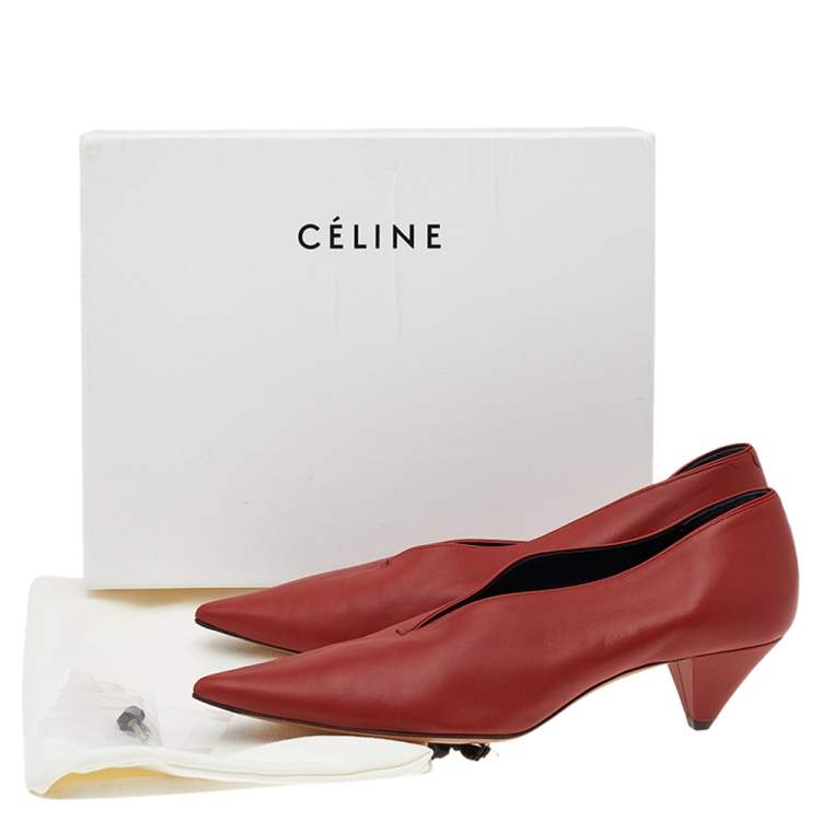 Pre Owned Celine Red Leather V Neck Pointed Toe Pumps Size 40