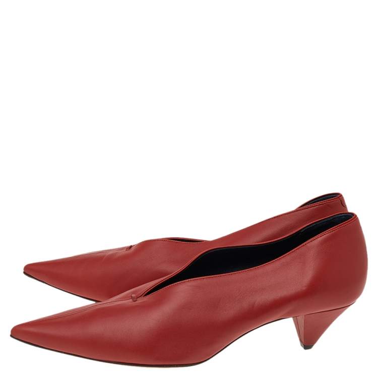 Pre Owned Celine Red Leather V Neck Pointed Toe Pumps Size 40