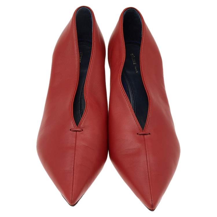 Pre Owned Celine Red Leather V Neck Pointed Toe Pumps Size 40