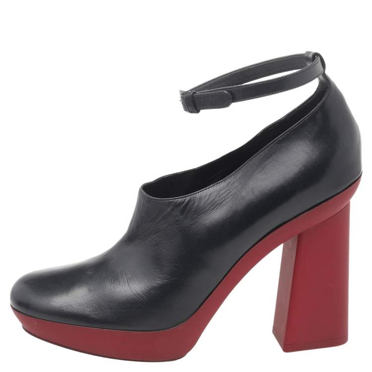 Pre Owned Celine Black Leather Ankle Length Block Heel Boots Size 38