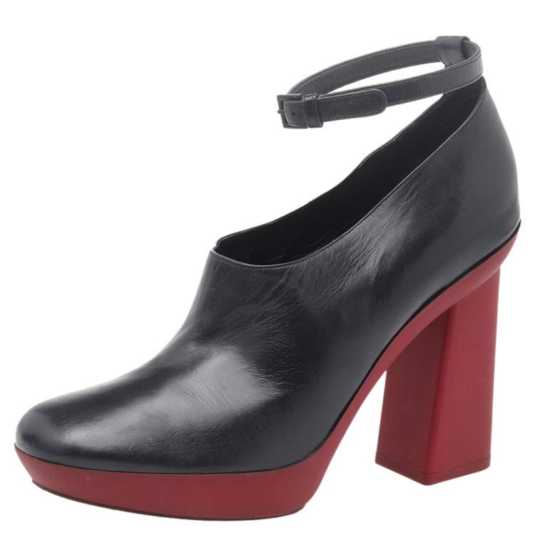 Pre Owned Celine Black Leather Ankle Length Block Heel Boots Size 38