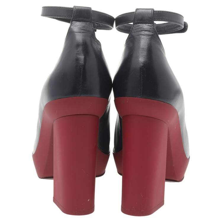 Pre Owned Celine Black Leather Ankle Length Block Heel Boots Size 38