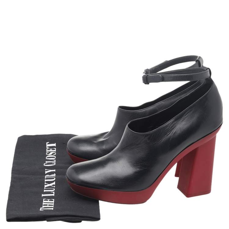 Pre Owned Celine Black Leather Ankle Length Block Heel Boots Size 38