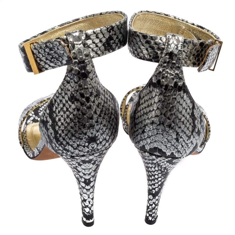 Pre Owned Celine Silver/Black  Python Embossed Leather  Ankle Strap Sandals Size 39