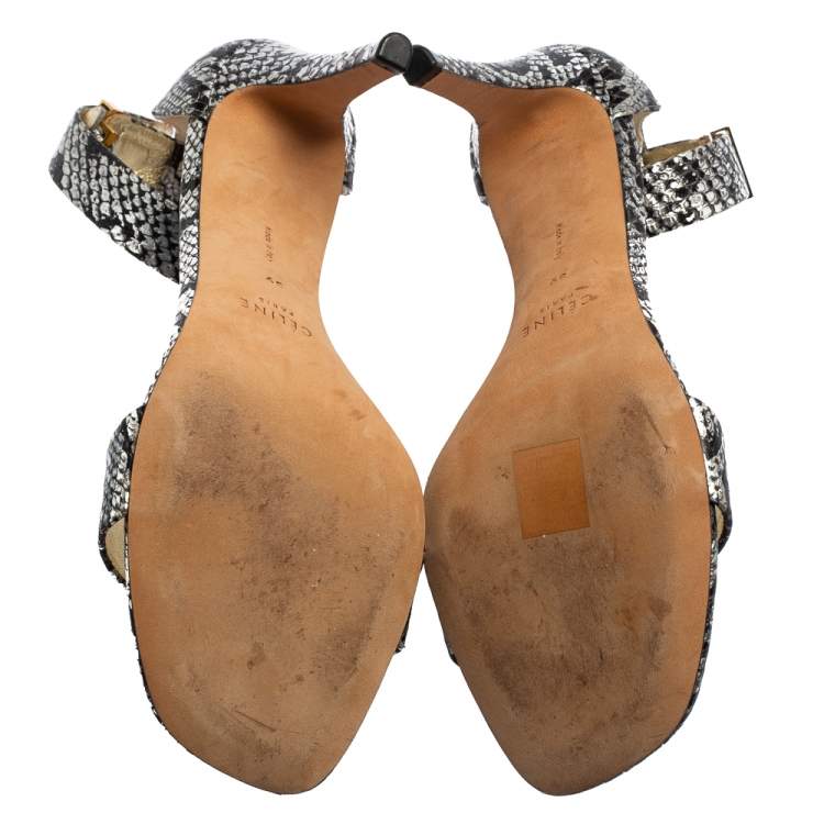 Pre Owned Celine Silver/Black  Python Embossed Leather  Ankle Strap Sandals Size 39