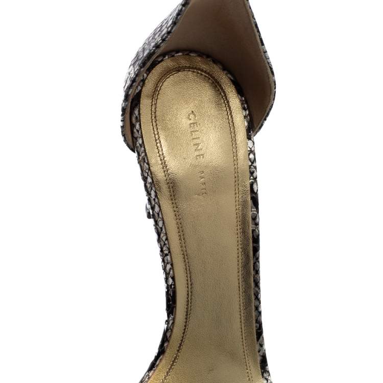 Pre Owned Celine Silver/Black  Python Embossed Leather  Ankle Strap Sandals Size 39