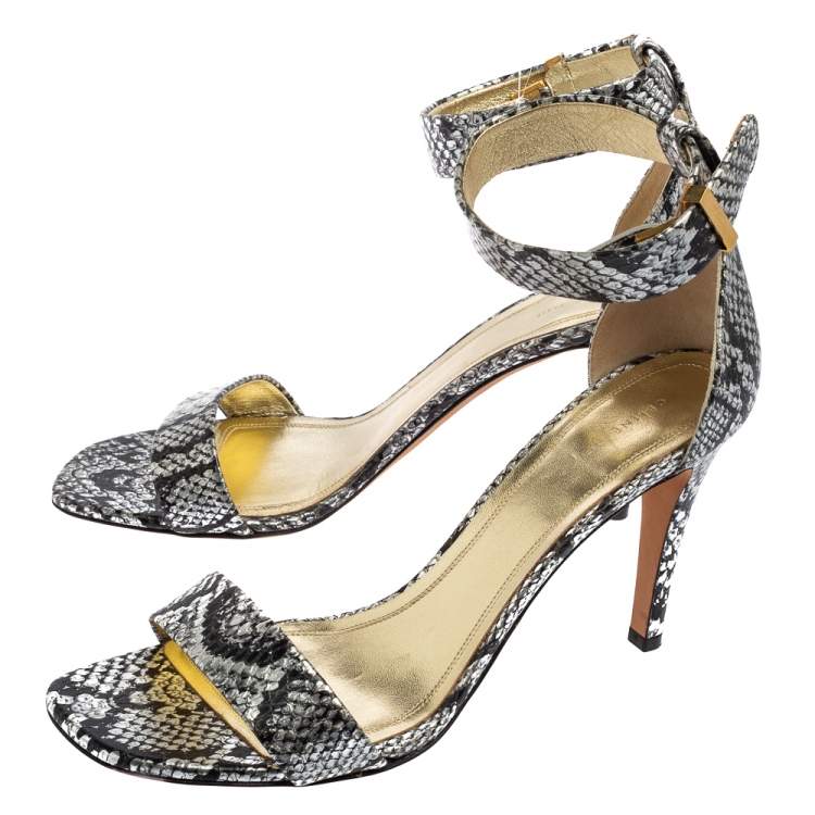 Pre Owned Celine Silver/Black  Python Embossed Leather  Ankle Strap Sandals Size 39