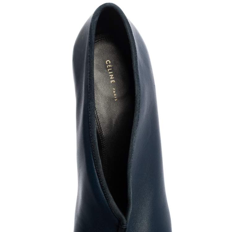 Pre Owned Celine Navy Blue Leather V Neck Block Heel  Pumps Size 38.5